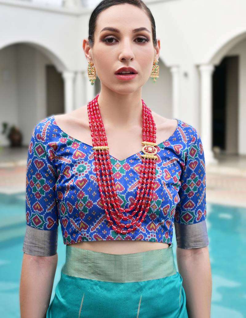 blue soft khadi raw art silk saree with patola pallu