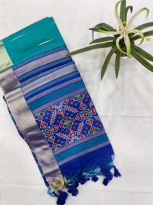 blue soft khadi raw art silk blend saree with patola pallu 3