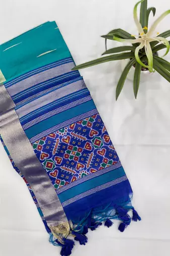 blue soft khadi raw art silk blend saree with patola pallu