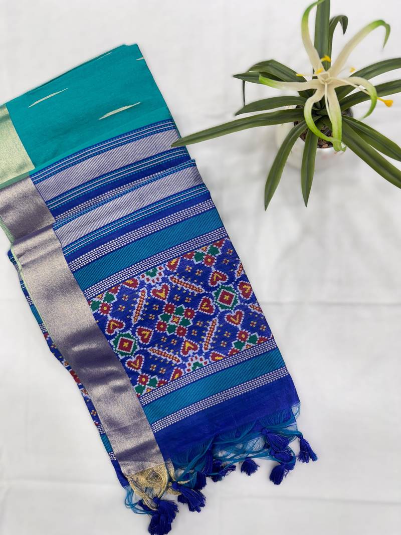 blue soft khadi raw art silk saree with patola pallu
