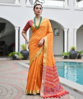 orange soft khadi raw art silk blend saree with patola pallu 1