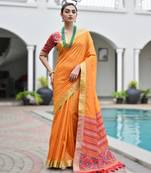 orange soft khadi raw art silk saree with patola pallu