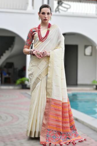 white soft khadi raw art silk saree with patola pallu
