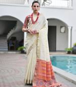 white soft khadi raw art silk saree with patola pallu