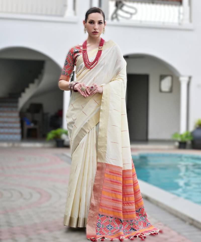 white soft khadi raw art silk saree with patola pallu