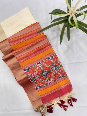 white soft khadi raw art silk blend saree with patola pallu 3