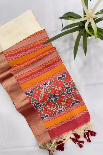 white soft khadi raw art silk blend saree with patola pallu