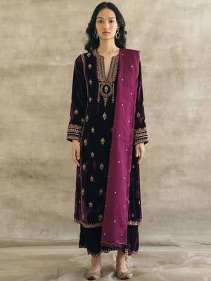 Purple velvet heavy thread embroidery work kurta pant set 1