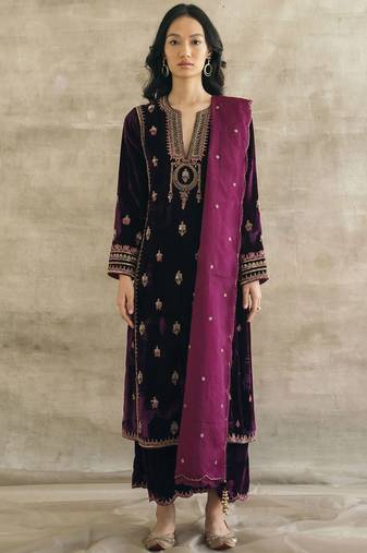 Purple velvet heavy thread embroidery work kurta pant set
