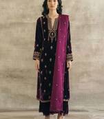 Purple velvet heavy thread embroidery work kurta pant set