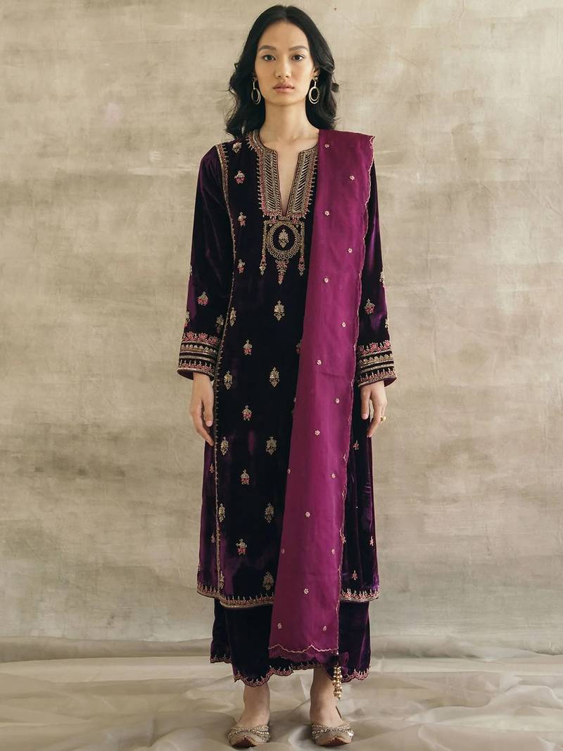 Purple velvet heavy thread embroidery work kurta pant set