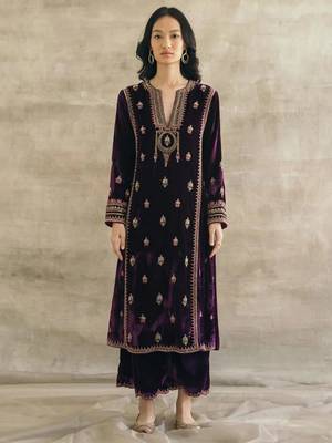 Purple velvet heavy thread embroidery work kurta pant set 2