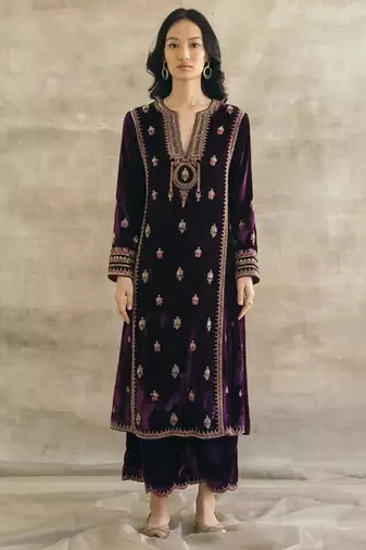 Purple velvet heavy thread embroidery work kurta pant set