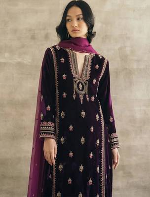 Purple velvet heavy thread embroidery work kurta pant set 3