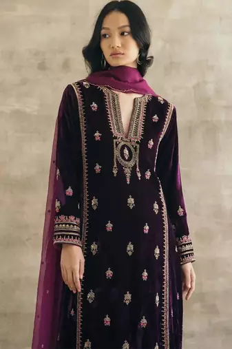 Purple velvet heavy thread embroidery work kurta pant set