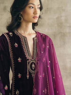 Purple velvet heavy thread embroidery work kurta pant set 4