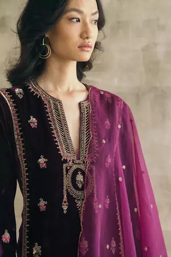 Purple velvet heavy thread embroidery work kurta pant set