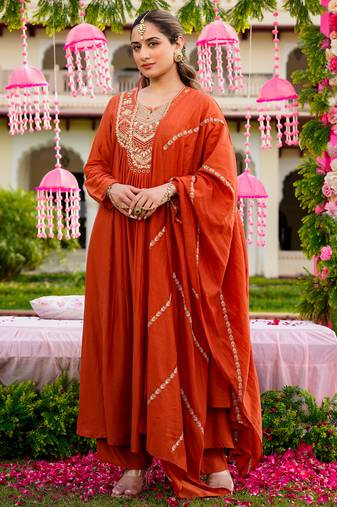 Rust vichitra silk heavy thread embroidery work kurta pant set