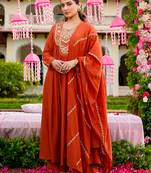 Rust vichitra silk heavy thread embroidery work kurta pant set