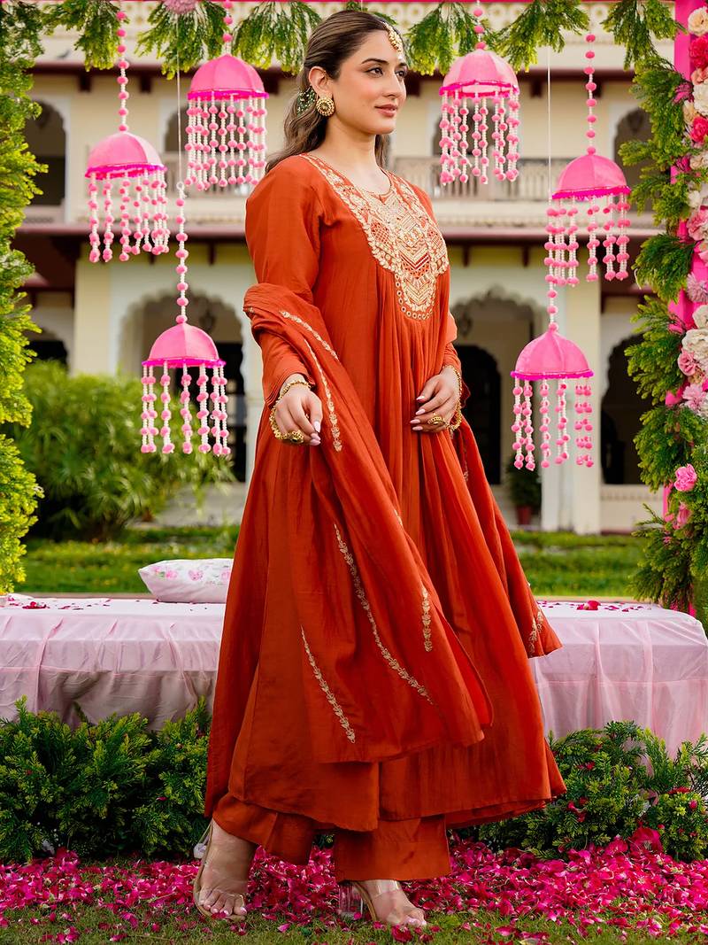 Rust vichitra silk heavy thread embroidery work kurta pant set