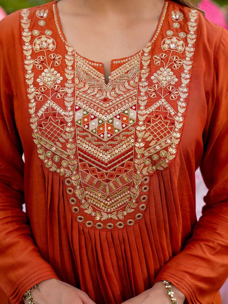 Rust vichitra silk heavy thread embroidery work kurta pant set