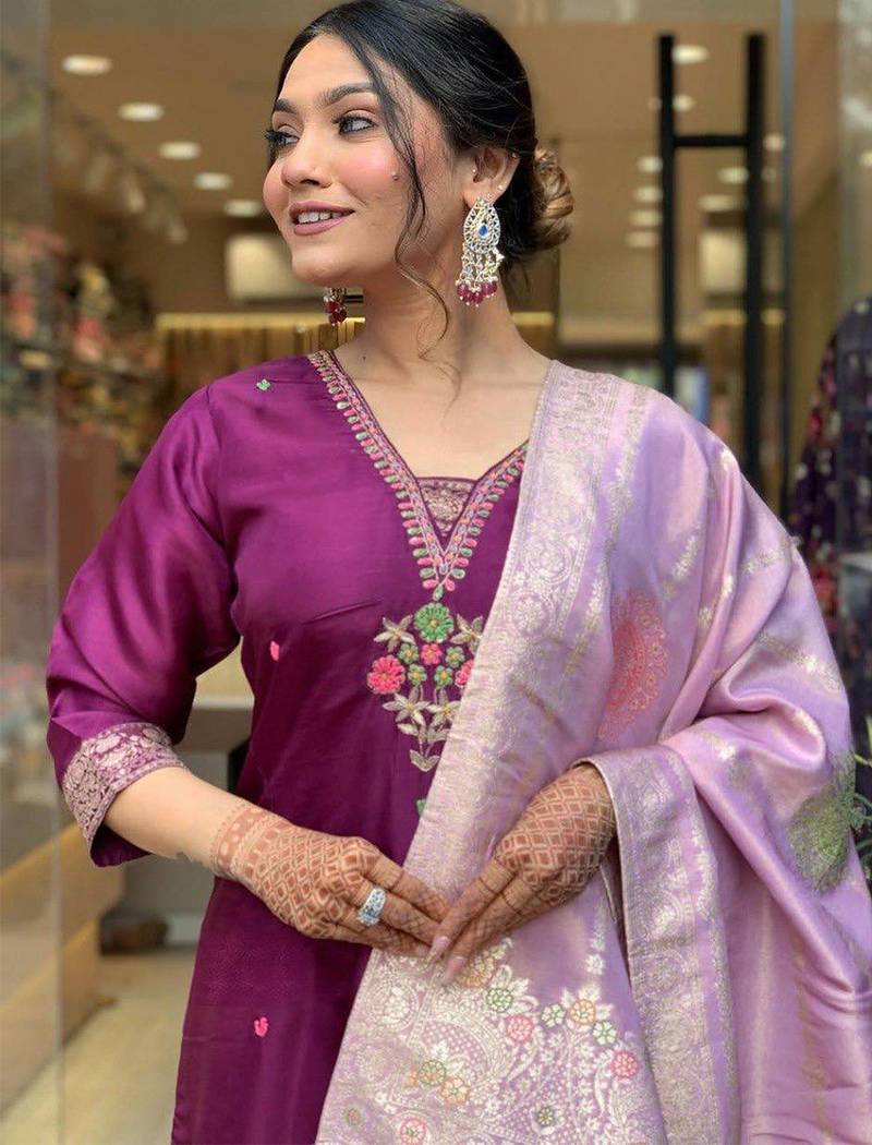 Purple chanderi heavy thread embroidery work with jacquard dupatta kurta pant set