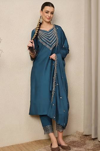 Blue roman silk heavy thread embroidery work kurta pant set
