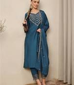 Blue roman silk heavy thread embroidery work kurta pant set