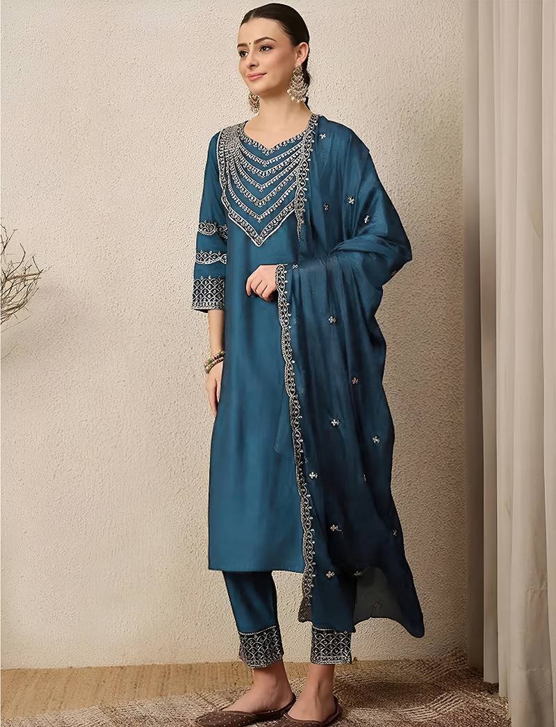 Blue roman silk heavy thread embroidery work kurta pant set