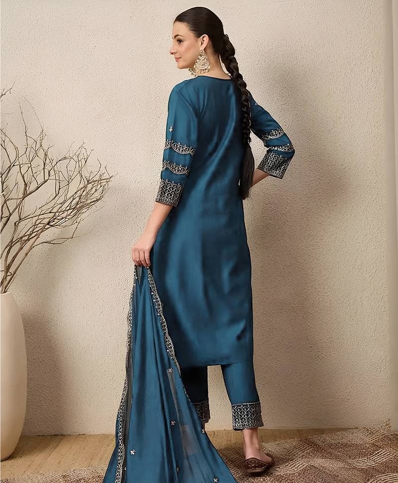 Blue roman silk heavy thread embroidery work kurta pant set