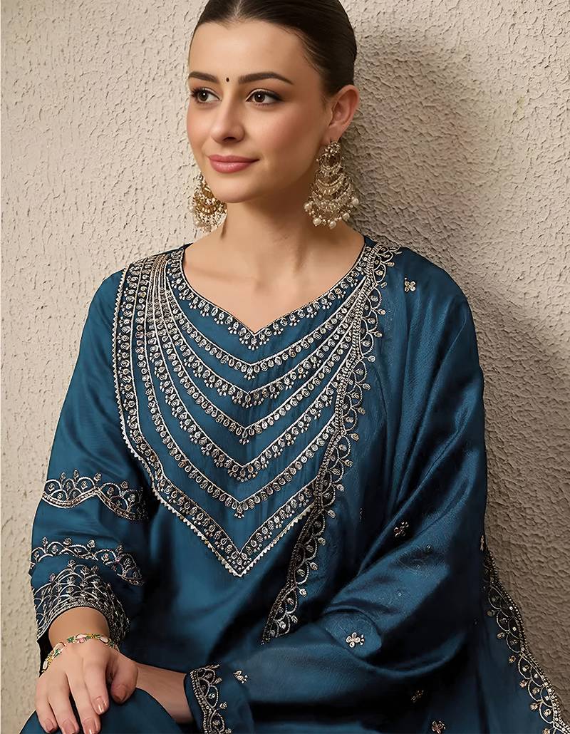 Blue roman silk heavy thread embroidery work kurta pant set