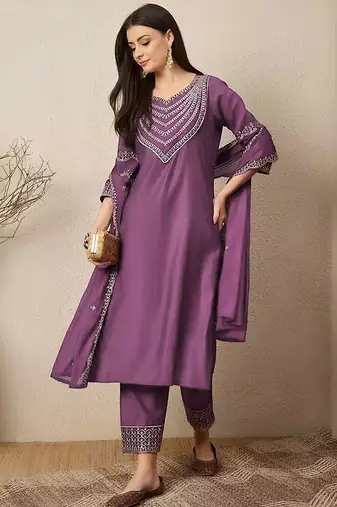 Purple roman silk heavy thread embroidery work kurta pant set