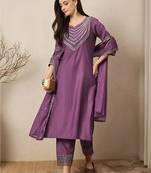 Purple roman silk heavy thread embroidery work kurta pant set