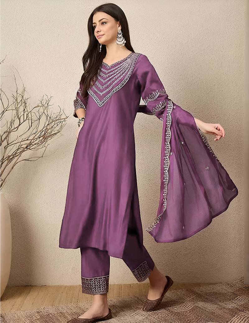 Purple roman silk heavy thread embroidery work kurta pant set