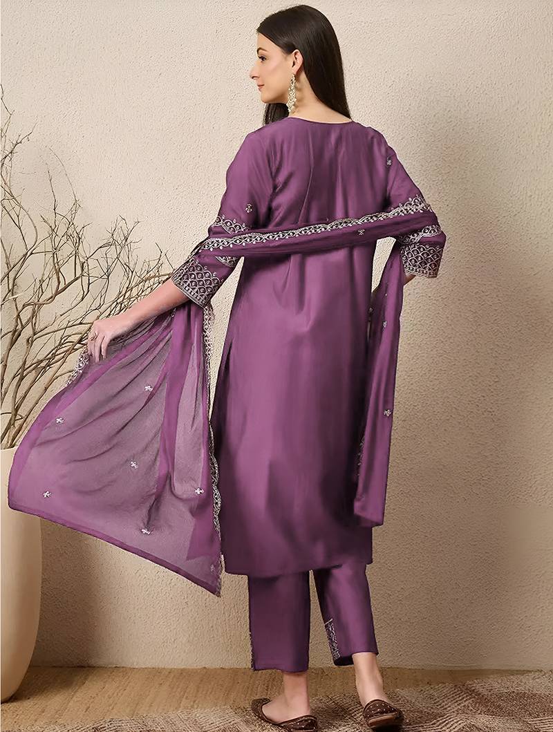 Purple roman silk heavy thread embroidery work kurta pant set