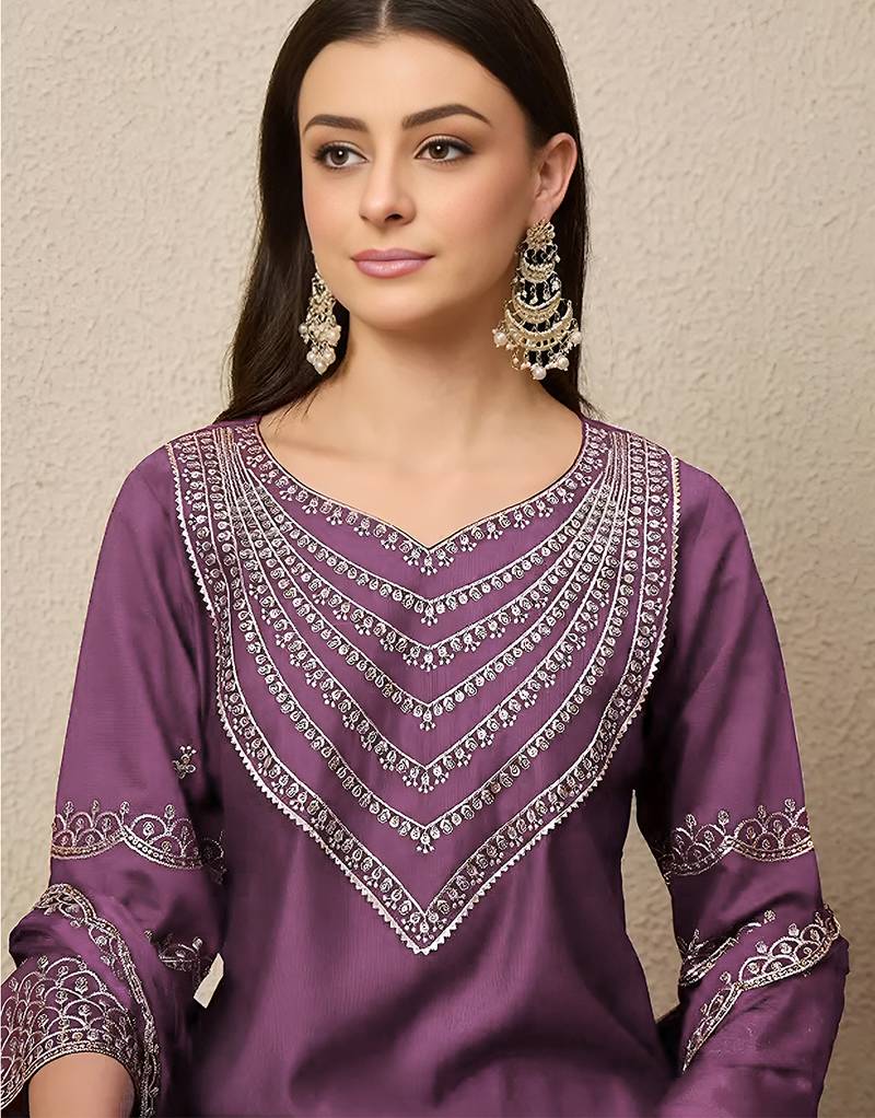 Purple roman silk heavy thread embroidery work kurta pant set