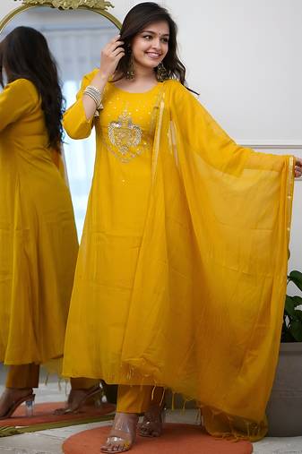 Yellow chanderi heavy thread embroidery work kurta pant set