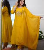 Yellow chanderi heavy thread embroidery work kurta pant set