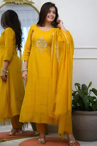 Yellow chanderi heavy thread embroidery work kurta pant set