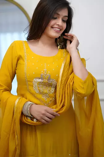 Yellow chanderi heavy thread embroidery work kurta pant set