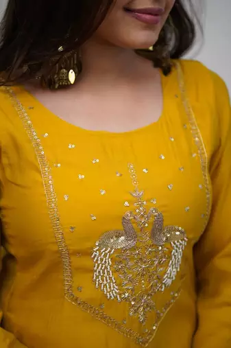 Yellow chanderi heavy thread embroidery work kurta pant set