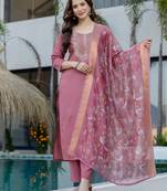 Dusty pink chanderi heavy thread embroidery work with printed dupatta kurta pant set