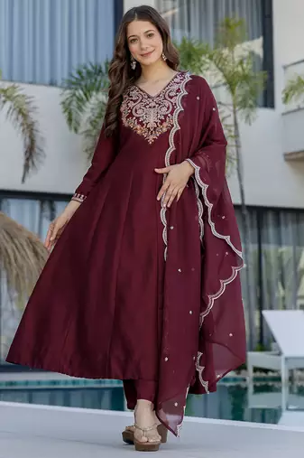Maroon chinon heavy thread embroidery work kurta pant set