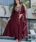 Maroon chinon heavy thread embroidery work kurta pant set