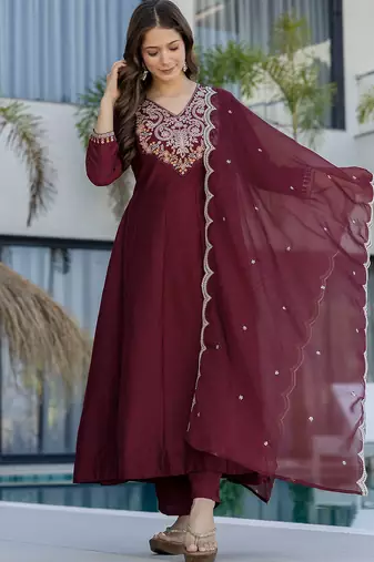 Maroon chinon heavy thread embroidery work kurta pant set