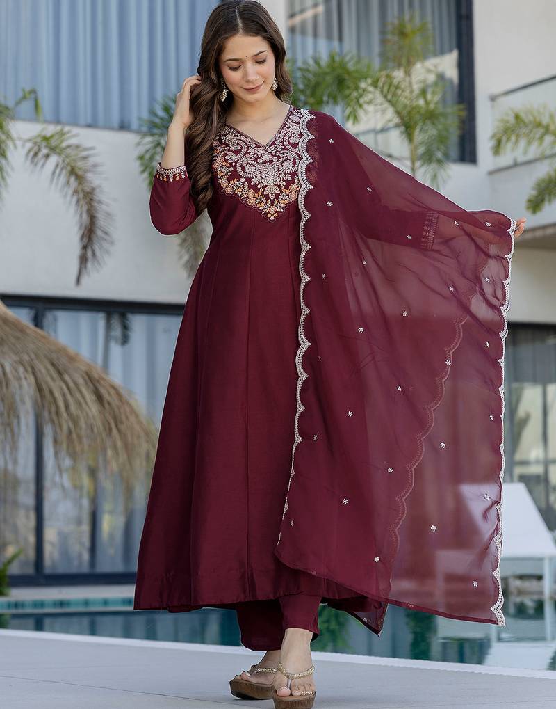 Maroon chinon heavy thread embroidery work kurta pant set