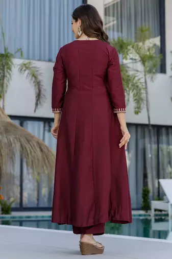Maroon chinon heavy thread embroidery work kurta pant set