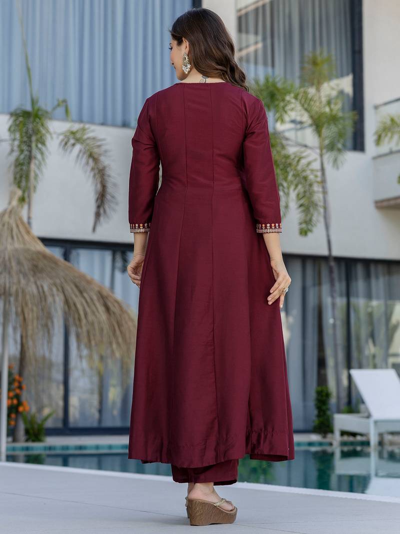 Maroon chinon heavy thread embroidery work kurta pant set