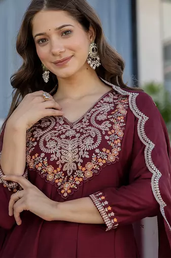 Maroon chinon heavy thread embroidery work kurta pant set