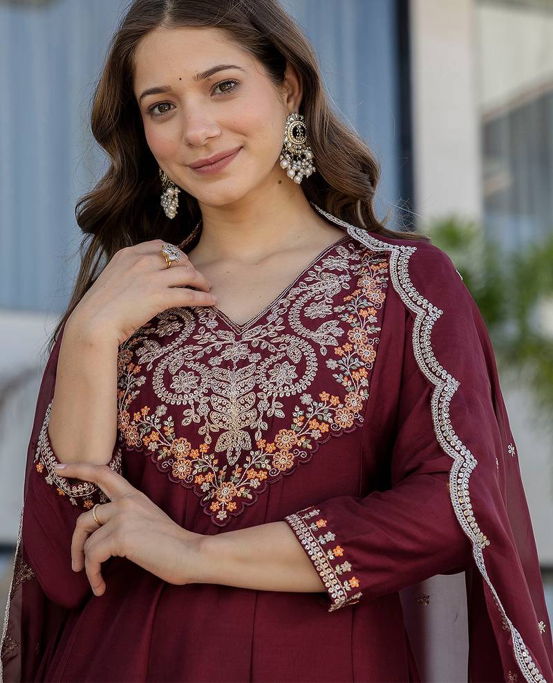 Maroon chinon heavy thread embroidery work kurta pant set